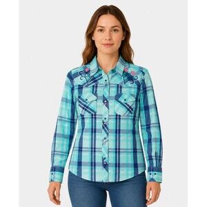 Pink Cattlelac Womens Sz Medium Plaid Western Shirt Embroidered Snap Front Blue